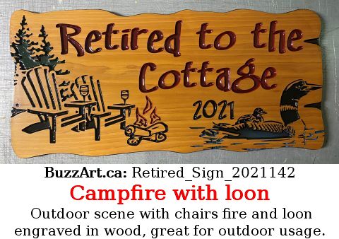 Outdoor scene with chairs fire and loon engraved in wood, great for outdoor usage.